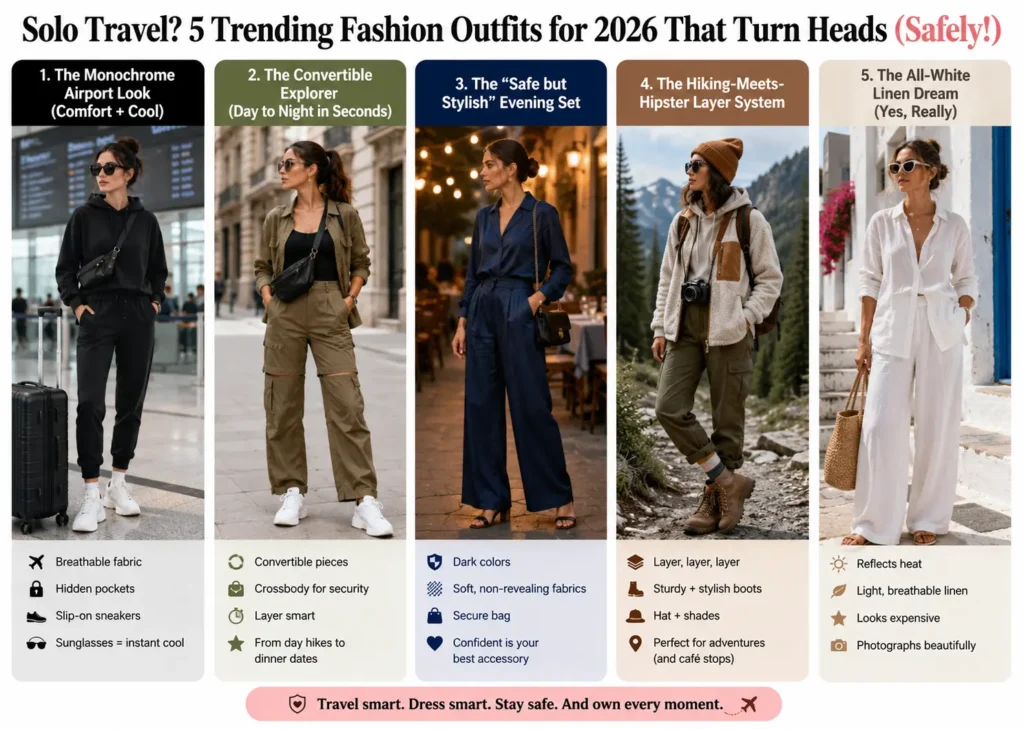 Solo travel in style with 5 trending fashion outfits for 2026. Pack light, stay confident, and get Pinterest-ready looks for your next adventure.