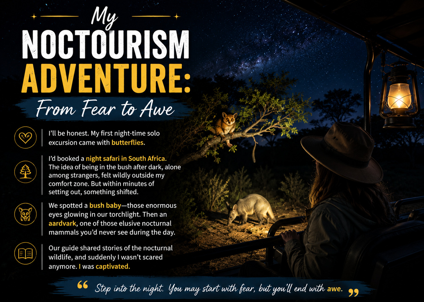 My Noctourism Adventure: From Fear to Awe

I'll be honest. My first night-time solo excursion came with butterflies.

I'd booked a night safari in South Africa. The idea of being in the bush after dark, alone among strangers, felt wildly outside my comfort zone. But within minutes of setting out, something shifted.

We spotted a bush baby—those enormous eyes glowing in our torchlight. Then an aardvark, one of those elusive nocturnal mammals you'd never see during the day. Our guide shared stories of the nocturnal wildlife, and suddenly I wasn't scared anymore. I was captivated.

That night, under a sky so packed with stars it looked like spilled sugar, I understood why noctourism is booming. It's not about adrenaline (though there's plenty of that). It's about rediscovering a world most people sleep through.

Pin-worthy quote: "In an age of overtourism, noctourism can provide a new perspective on established sights. It's a chance to rediscover a world transformed at night."